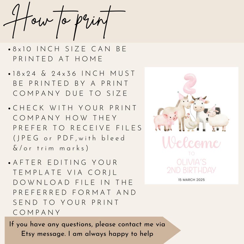 May include: Printable 2nd birthday party sign featuring a pink and white farm animal theme with the text "Welcome to Olivia's 2nd Birthday" and the date "15 March 2025". Instructions for printing the sign are included.