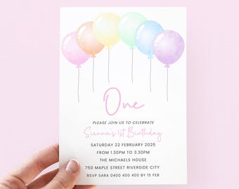 May include: A pastel pink and white invitation with a watercolor illustration of rainbow balloons. The text reads "One" in pink script and "Please join us to celebrate Sienna's 1st Birthday" in black script. The invitation details the date, time, location, and RSVP information.