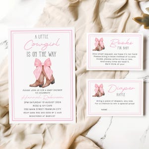 Cowgirl Baby Shower Invitation Set, Editable A Little Cowgirl Baby Shower Invite, Cowgirl Invitation for Girl Baby Shower, Books for Baby