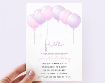 Girl 5th Birthday Invitation, Pink Purple Balloons (Digital Download)