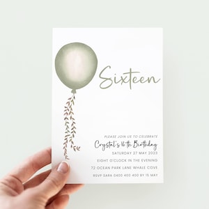 Sage 16. Geburtstagseinladung für Mädchen DIGITAL DOWNLOAD, Boho Sixteen Geburtstag einladen EDITIERBAR, einfache Geburtstag Evite, Text einladen für 16