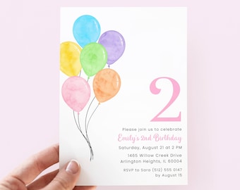 Rainbow Balloon 2nd Birthday Invitation Girl, Colorful Birthday Party Invite 2 Year Old, Digital