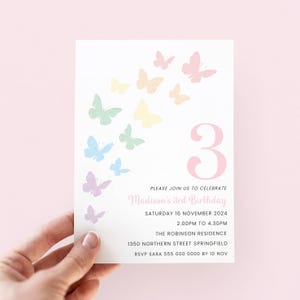 Butterfly 3rd Birthday Invitation, Editable Girl 3rd Birthday Invite Pastel Rainbow Butterflies Invitation for 3 Year Old Birthday Party
