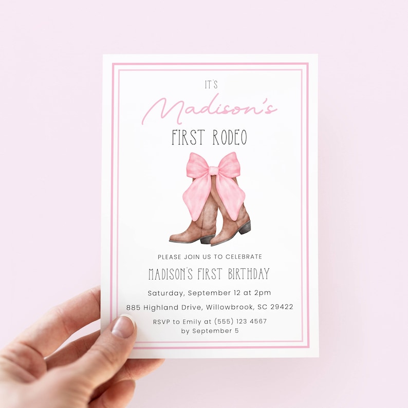 First Rodeo Invite, Cowgirl 1st Birthday Invitation Girl, Digital Template