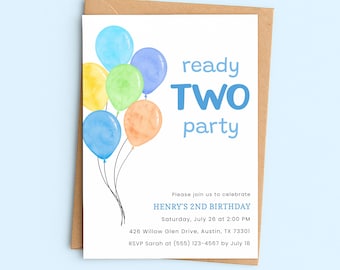 Ready Two Party Invitation Balloons, Boy 2nd Birthday Invite for 2 Year Old Boy, Digital Template