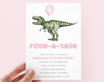 Convite de aniversário de 4 anos com tema de dinossauro rosa para menina, download digital.