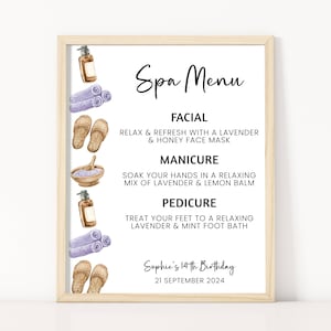 Spa-Party-Menü, bearbeitbares Spa-Menü-Schild für Mädchen, digitale Spa-Menü-Vorlage Spa-Party druckbar, Spa-Schild für Geburtstagsfeier, Spa-Party-Dekor
