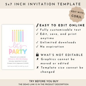 Pastel Birthday Invitation Girl, Rainbow Birthday Invite Kids, Lets Party Invites Girls, Digital Download image 5