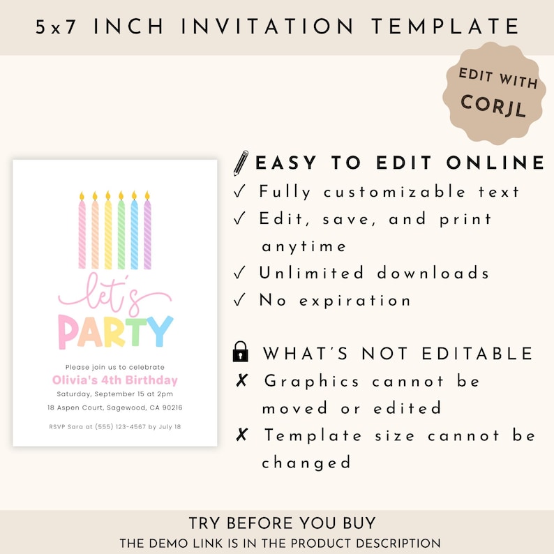 Pastel Birthday Invitation Girl, Rainbow Birthday Invite Kids, Lets Party Invites Girls, Digital Download image 5