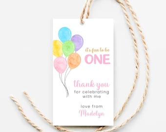 Fun To Be One 1st Birthday Favor Tag Girl, Editable First Birthday Thank You Tag Colorful Balloons, One Is Fun Party Favor Tags, Rainbow