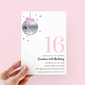 Disco 16th Birthday Invitation Girl, Editable Birthday Invite Girl, Printable Disco Ball Invitation Template for 16 Birthday Party, Pink Bow