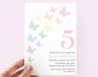 Pastel Butterfly Birthday Invitation 5th, Digital Download