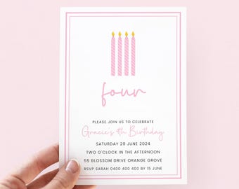 Pink 4th Birthday Invitation Girl, Digital Template