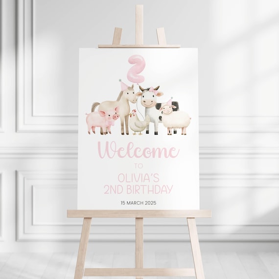 Pink Farm 2nd Birthday Welcome Sign, Editable Girl Farm Birthday Party Welcome Sign Digital, Pink Farm Welcome Sign for Girl 2 Birthday, Two