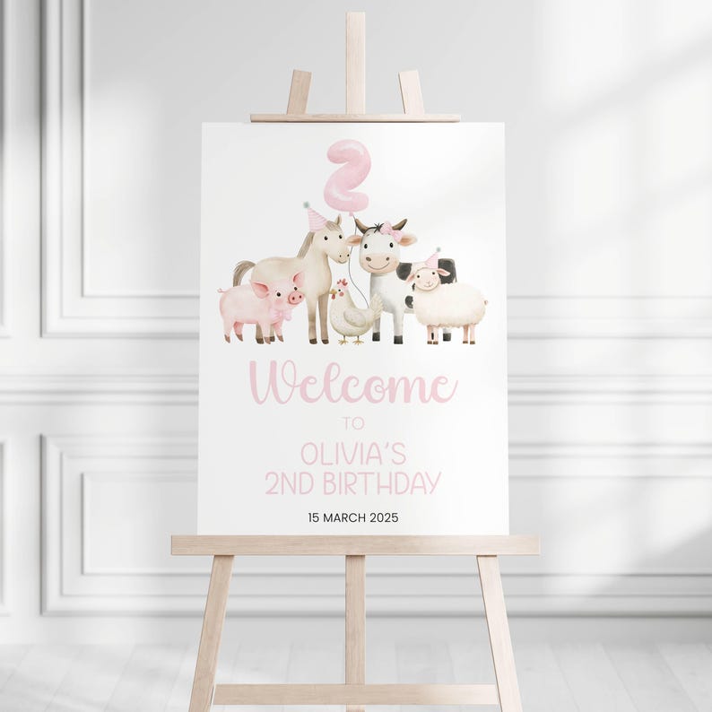 Pink Farm 2nd Birthday Welcome Sign, Editable Girl Farm Birthday Party Welcome Sign Digital, Pink Farm Welcome Sign for Girl 2 Birthday, Two