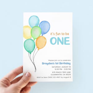 Fun To Be One First Birthday Invitation Boy, Editable Boy 1st Birthday Invite Colourful Balloons, One Is Fun Party Invitation for 1 Year Old