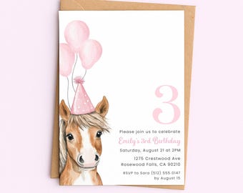Inbjudan till hästfödelsedag 3, rosa ponny, 3-årsfestinbjudan till flicka, digital nedladdning