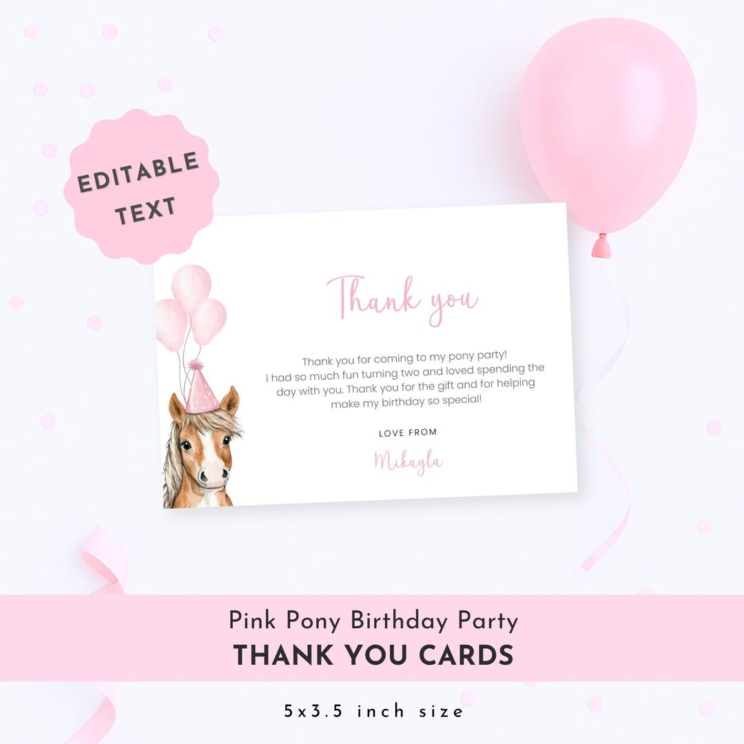 Pink Pony Birthday Thank You Card Girl, Editable Pink Horse Birthday ...