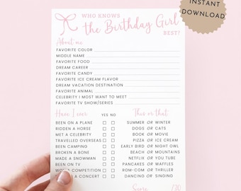 Wer kennt das Geburtstagskind am besten druckbare, Teen Girl Party Spiel rosa Schleife, Instant Download rosa Geburtstagsparty Spiel, Tween Geburtstagsspiel