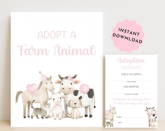 Adopt A Farm Animal Sign, Instant Download Animal Adoption Certificate for Farm Birthday Party, Farm Party Decor, Farm Birthday Decorations