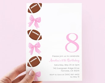 Football Birthday Invitation Girl, Pink Bow Football Party Invite, Editable Girl Football Invitation, Digital Template