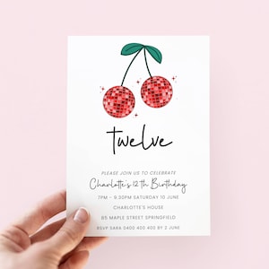 Cherry 12th Birthday Invite, Editable Coquette Birthday Invitation Girl, Cherry Disco Invitation Template, 12 Birthday Party Invite, Twelve