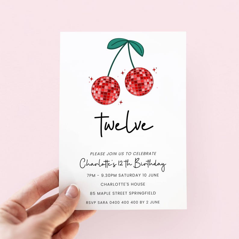 Cherry 12th Birthday Invite, Editable Coquette Birthday Invitation Girl, Cherry Disco Invitation Template, 12 Birthday Party Invite, Twelve