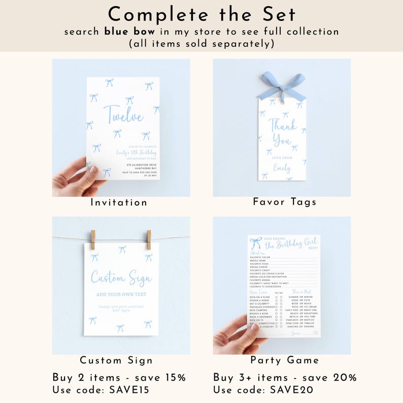 Blue Bow Invitation Girl 11, Editable 11th Birthday Party Invite Girls image 6