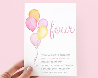 パステルカラーの4歳の誕生日招待状（女の子向け）、デジタルテンプレート