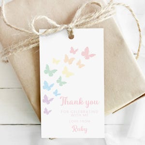 Etiqueta de agradecimiento con forma de mariposa, etiqueta de regalo con forma de mariposa pastel editable, etiqueta de mariposa imprimible para fiesta de cumpleaños de niña, mariposas arcoíris