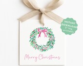 Christmas Gift Tag Printable, Pink Christmas Wreath Tags Instant Download, Preppy Gift Tag, Cute Christmas Tags, Favor Tags, Holiday Tag