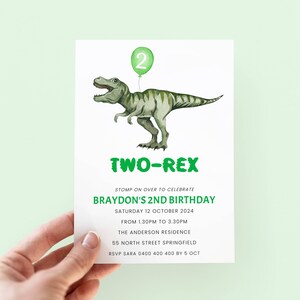 Dinosaur 2nd Birthday Invitation, Editable T-Rex Birthday Invite Boy, Two Rex Dinosaur Invitation, Green Dino Invite for 2 Birthday Party