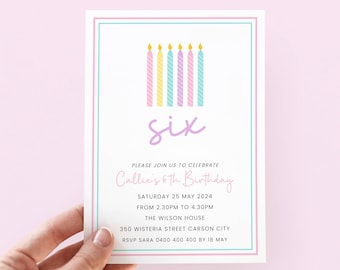 Pastell 6. Geburtstagseinladung, bearbeitbar 6. Geburtstag einladen Mädchen, digitale sechs Kerze Einladungsvorlage für 6 Geburtstagsparty, einfach