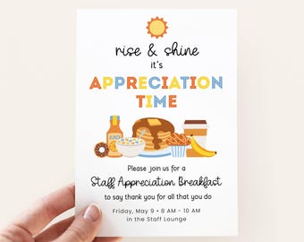 Breakfast Appreciation Invite, Rise and Shine Breakfast Invitation for Teacher & Staff Thank You, Editable Digital Template