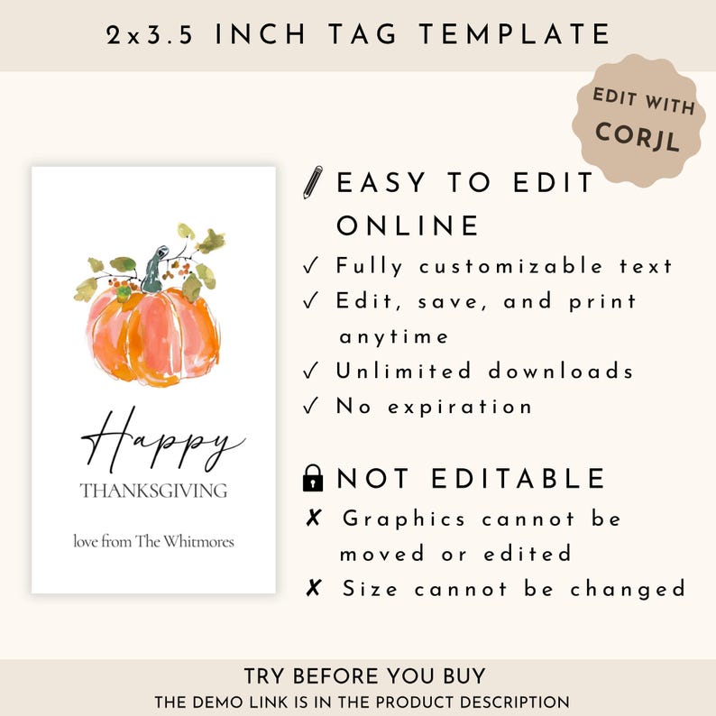 K&ouml;nnte beinhalten: Eine wei&szlig;e Etikettenvorlage mit einer Aquarell-K&uuml;rbis-Illustration und dem Text "Happy Thanksgiving". Das Etikett misst 5,08 cm x 8,89 cm. Text enth&auml;lt "Easy to Edit Online" und "Edit with Corjl."