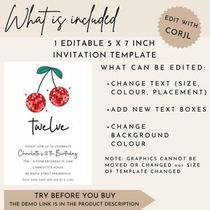 May include: Editable 5x7 inch invitation template with a red and green cherry design. The text "twelve" is featured in a bold font. The template can be customized with text, colors, and background. The text "What can be edited" is listed with bullet points.