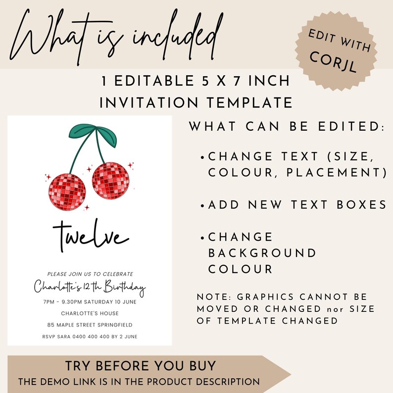 May include: Editable 5x7 inch invitation template with a red and green cherry design. The text "twelve" is featured in a bold font. The template can be customized with text, colors, and background. The text "What can be edited" is listed with bullet points.