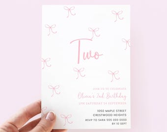 Pink Bow 2nd Birthday Invitation Girl, Digital Template