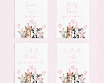 Pink Farm Party Signs Printable, Girl Birthday Party Barnyard Animal Sign Set, Instant Download