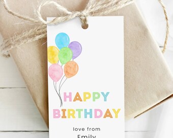 Happy Birthday Tag Printable, Colorful Balloons Birthday Gift Tag, Digital Download Editable Template