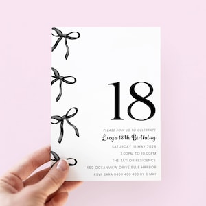 Black Bow 18th Birthday Invitation, Editable Birthday Invite Girl, Coquette Birthday Invitation Template for 18 Birthday Party, Black Bow