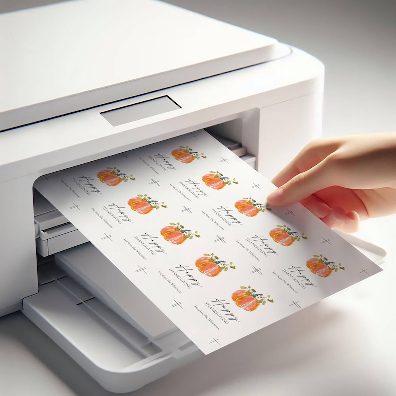 K&ouml;nnte beinhalten: Ein Bogen bedruckter Etiketten mit Aquarellk&uuml;rbissen und dem Text "Happy Thanksgiving". Die Etiketten werden von einem wei&szlig;en Drucker gedruckt. Die Etiketten werden von einer Hand gehalten.