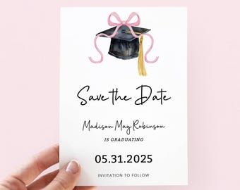 Save The Date Graduation Invitation Pink Bow, Editable Graduation Save The Date Invite Girl, Bow Graduation Party Save the Date Template