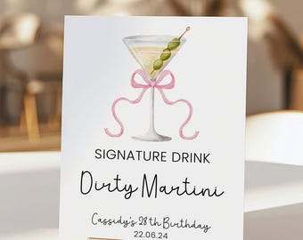 Znak na drinka Martini Signature, edytowalny znak urodzinowy Martini, drukowana dekoracja na imprezę Dirty Martini, znak na koktajl Signature