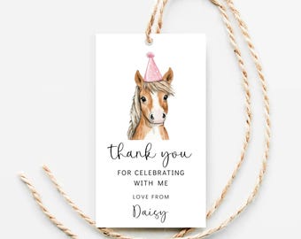 Editable Horse Birthday Thank You Tags, Pony Party Favor Tag (Digital Download)