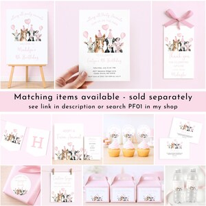 May include: A collection of party-themed stationery items featuring watercolor illustrations of farm animals. The items include invitations, thank you tags, cupcake toppers, and gift boxes. The text includes "Welcome to Madelyn's 4th Birthday" and "Calling all Party Animals".