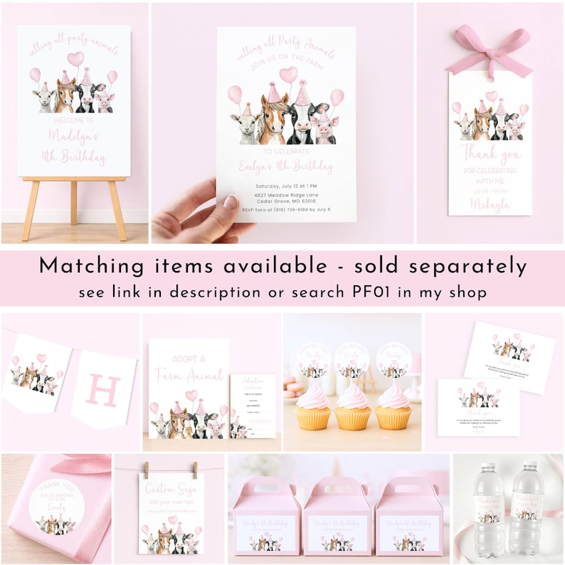 May include: A collection of party-themed stationery items featuring watercolor illustrations of farm animals. The items include invitations, thank you tags, cupcake toppers, and gift boxes. The text includes "Welcome to Madelyn's 4th Birthday" and "Calling all Party Animals".
