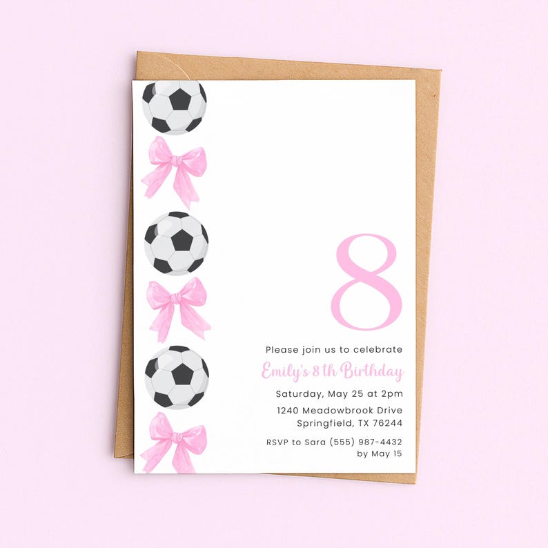 Voetbal verjaardagsuitnodiging meisje, bewerkbare meisje voetbal uitnodiging, roze strik voetbal uitnodiging voor feest afbeelding 5