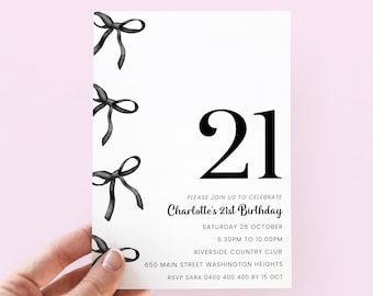 Invitación de cumpleaños número 21 con lazo negro, invitación editable para niña, plantilla de invitación de cumpleaños coqueta para fiesta de cumpleaños número 21, lazo negro