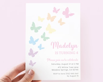 Pastel Butterfly Birthday Invitation Girl, Digital Download